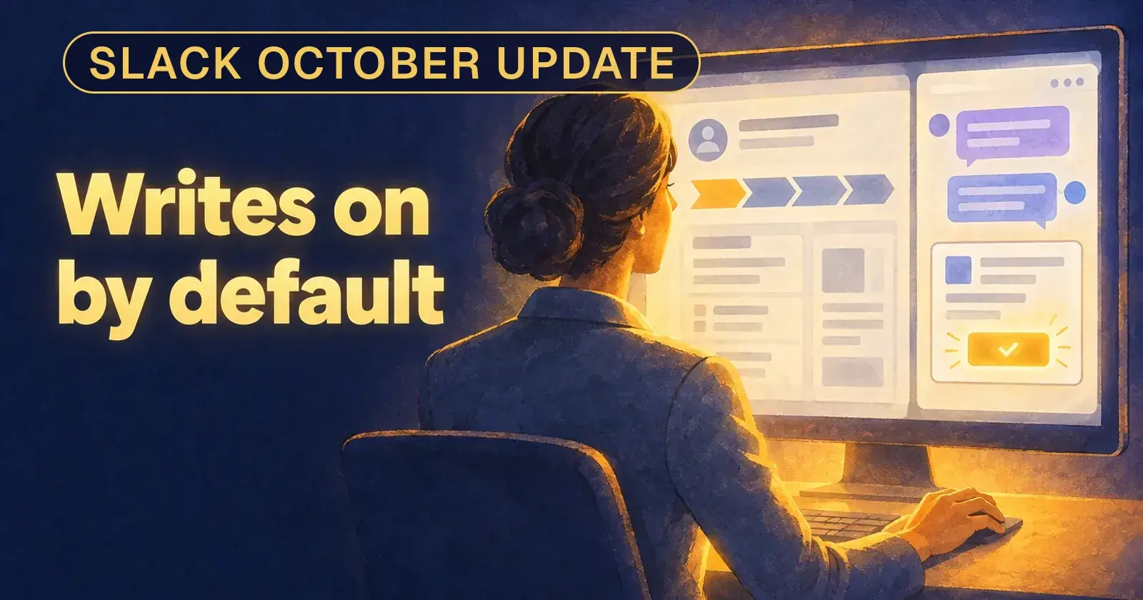 A manager at a CRM record with a chat panel and a glowing confirm button, under the words Writes on by default