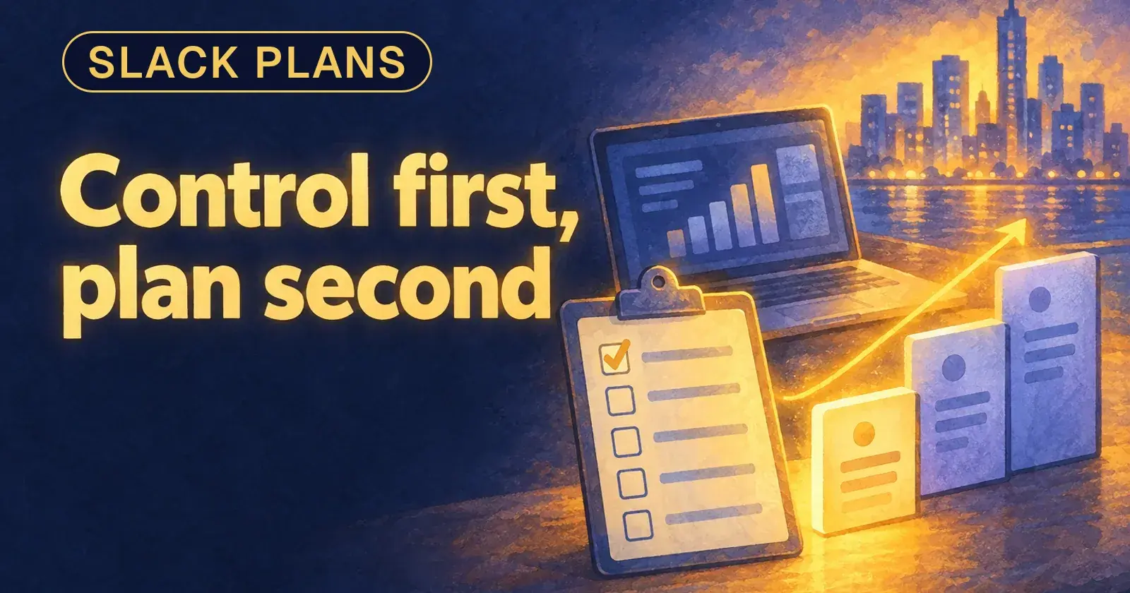 A clipboard checklist with one item ticked beside three rising plan cards: Control first, plan second