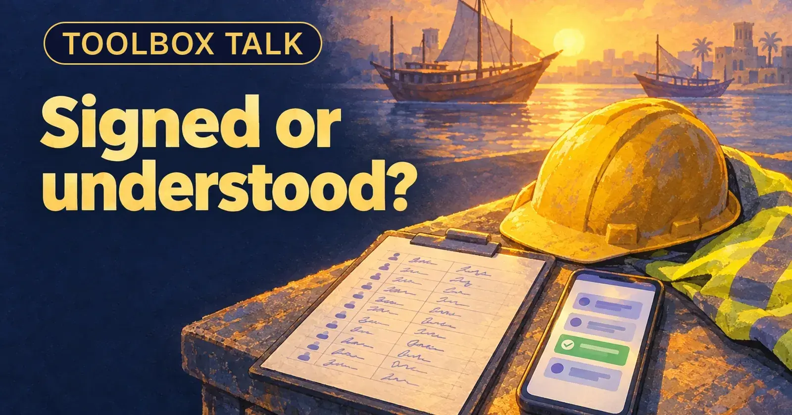 A signed toolbox talk sheet beside a phone showing a quiz, on a site bench at dawn: signed, or understood?