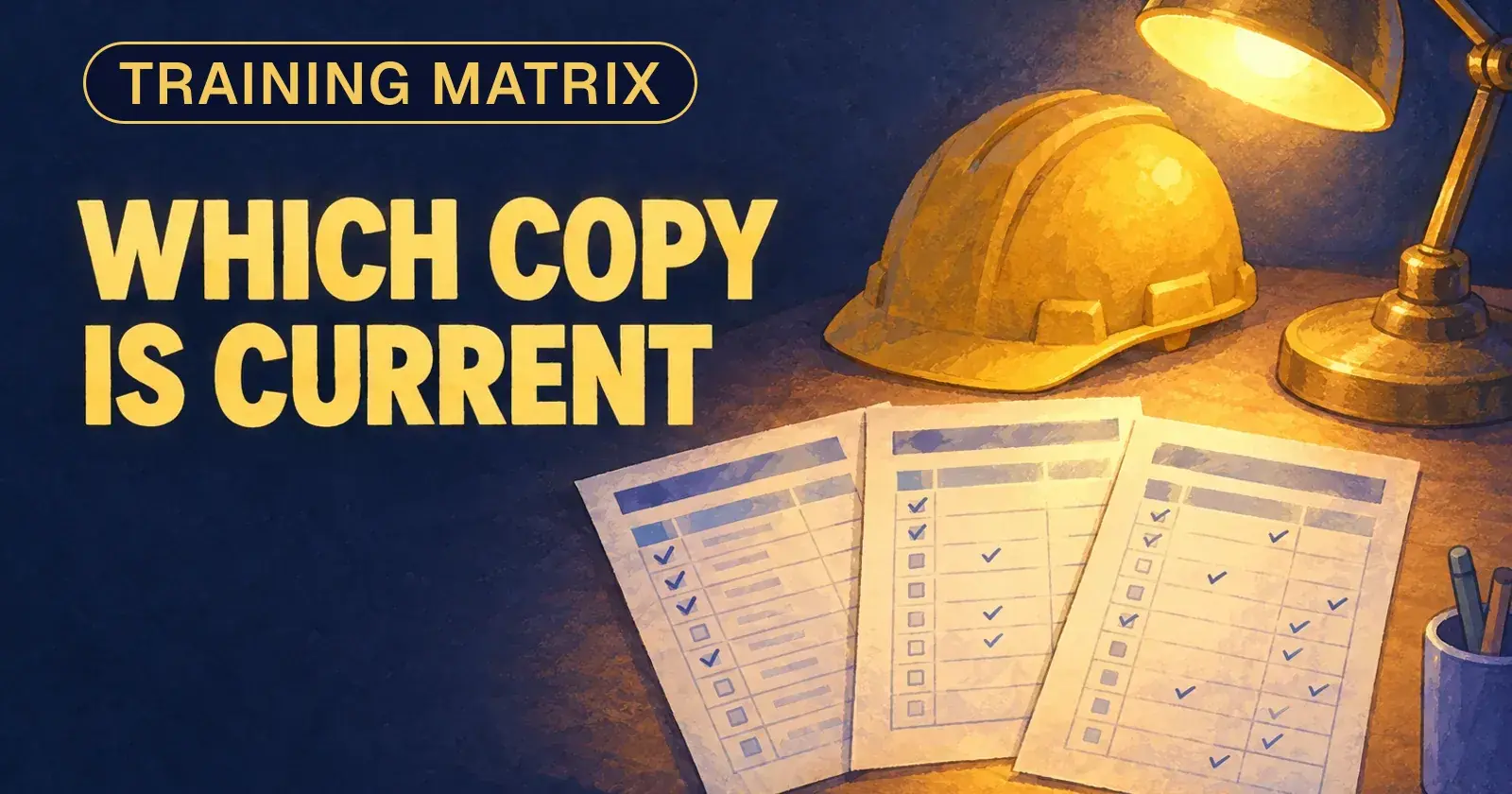 Three differently ticked training grids under a desk lamp beside a yellow hard hat: which copy is current?