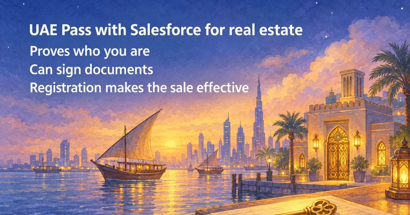 Dubai creek at dusk, a dhow and a gated building, card: UAE Pass proves who you are, registration makes the sale effective