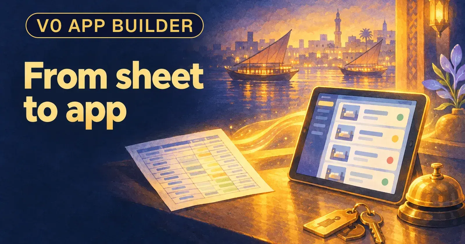 A printed spreadsheet on a hotel desk turning into a tablet app with room cards and status dots