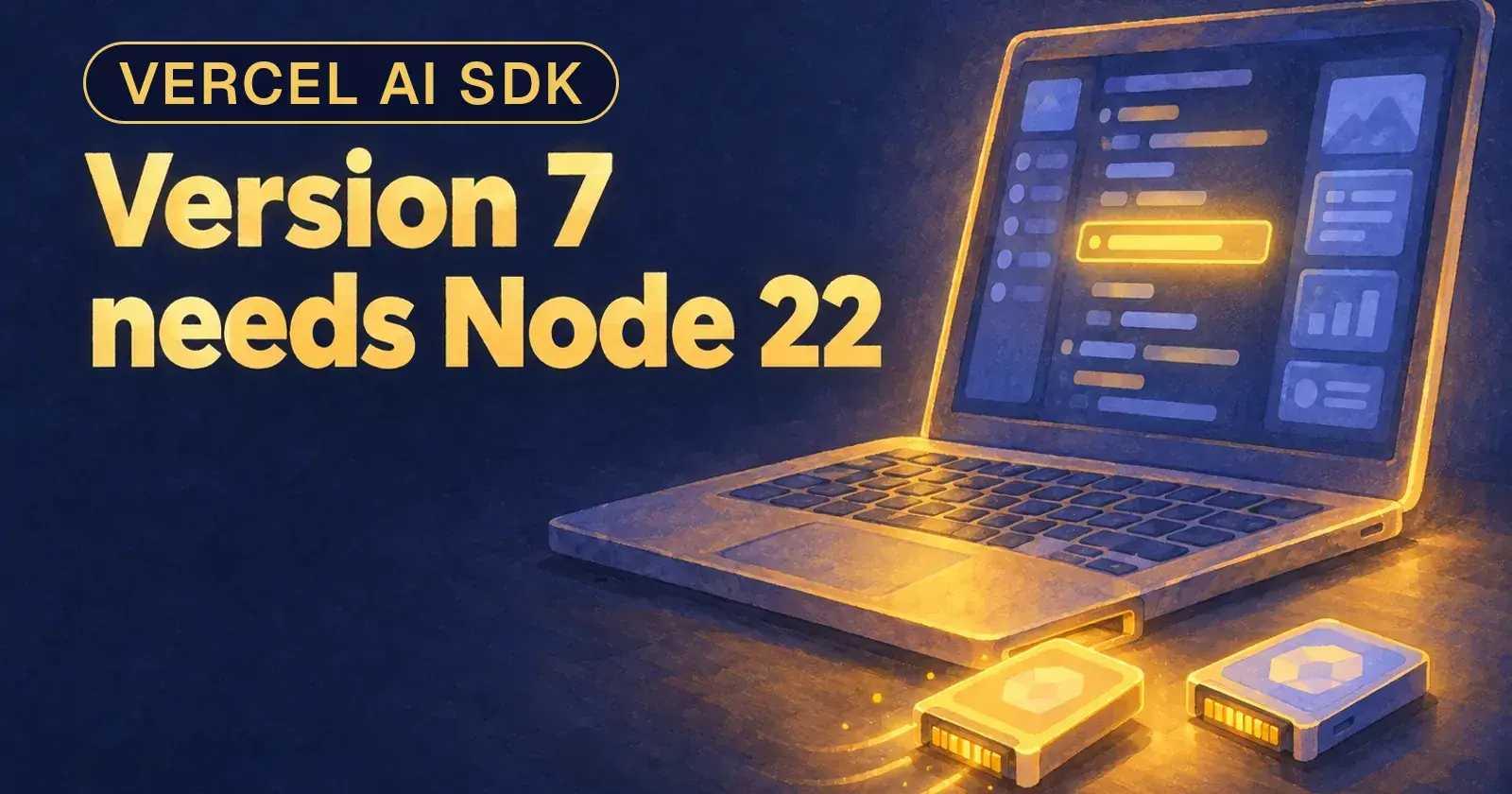 A glowing laptop with abstract code and one gold line, two model cartridges beside it, one slid out to swap