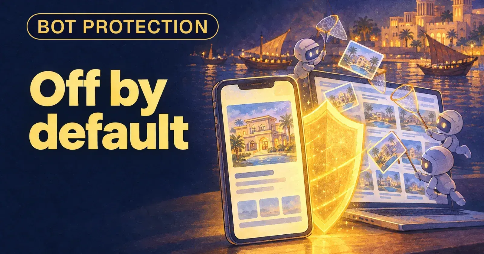 A phone showing a property listing card while small grey robot figures try to copy the listing photos from a laptop
