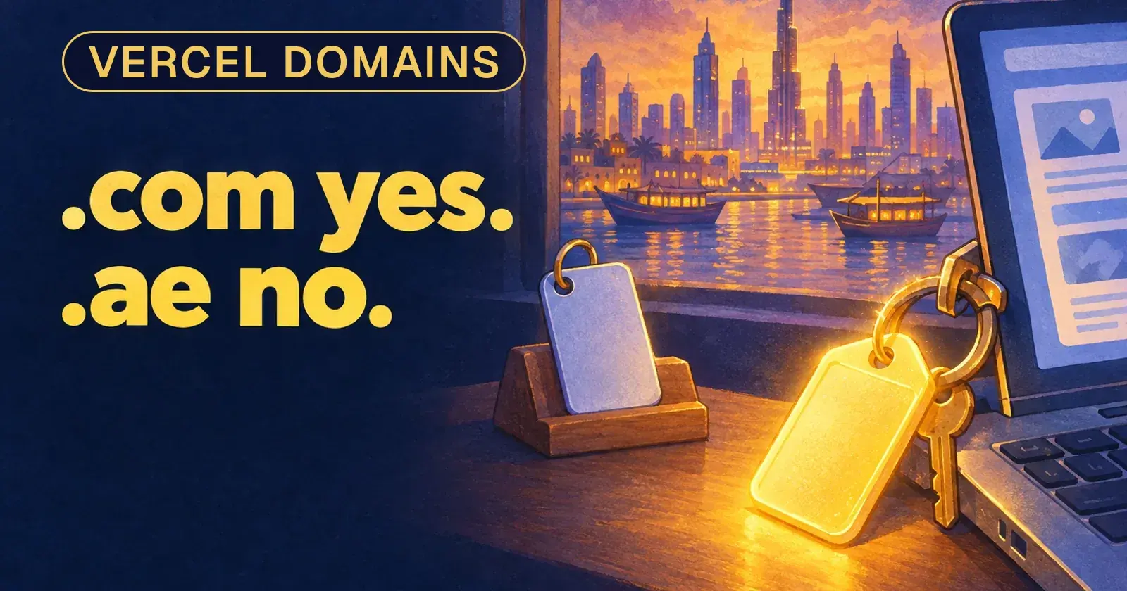 Two gold key tags on one ring beside a laptop in Dubai at dusk, with the words Buy .com. Keep .ae.
