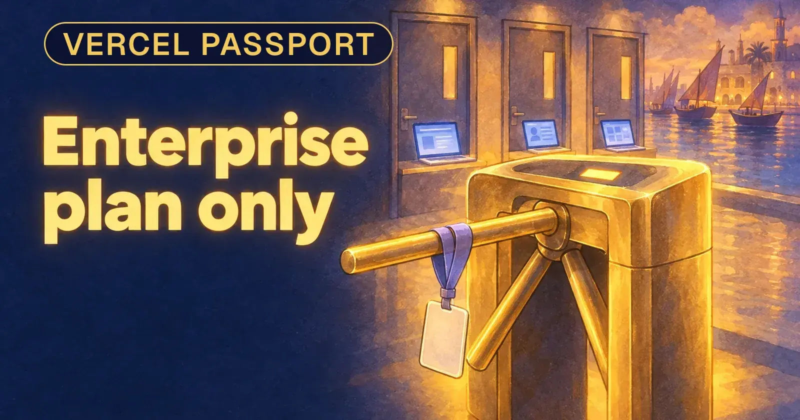 A brass office turnstile with a blank badge on its arm, in front of three closed doors with laptops behind them