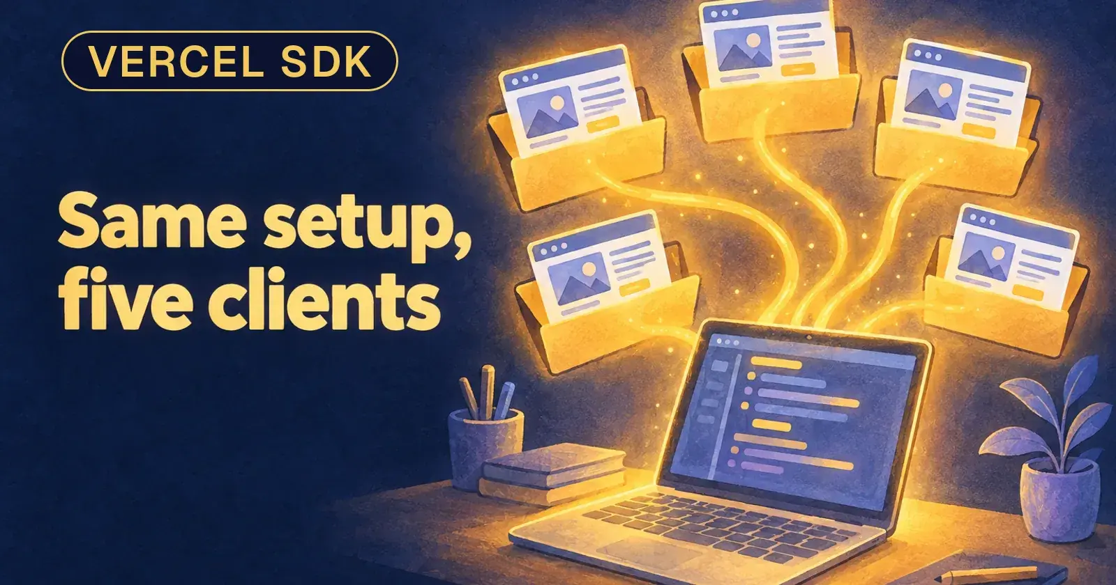 A laptop running a setup script while five identical website cards fan out into five site folders