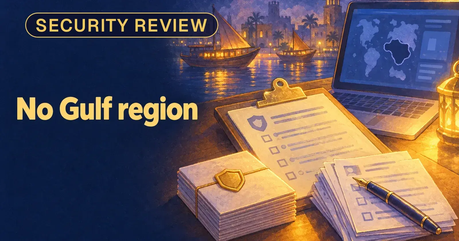 A security questionnaire beside a sealed stack of answers and an open stack with a pen, a world map on the laptop