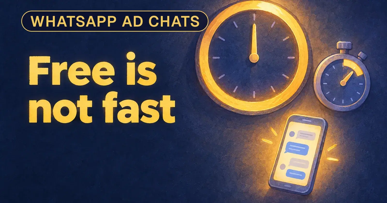 A large gold wall clock, a small stopwatch and a glowing phone with chat bubbles. Card: Free is not fast