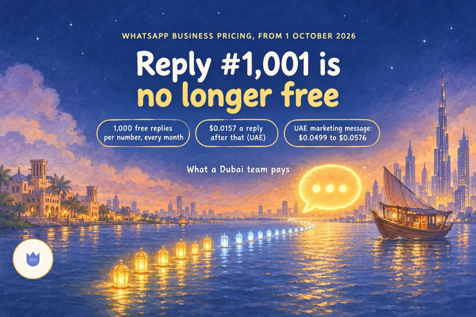 Share card: Reply number 1,001 is no longer free, with 1,000 free replies per number, over a Dubai creek at dusk