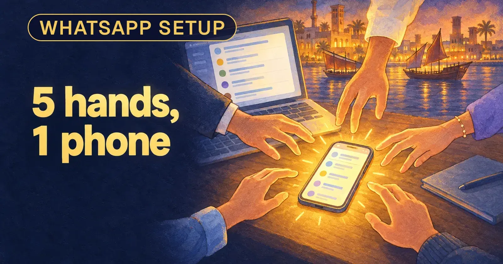 One phone on a desk with five hands reaching for it, beside a laptop showing a shared chat list