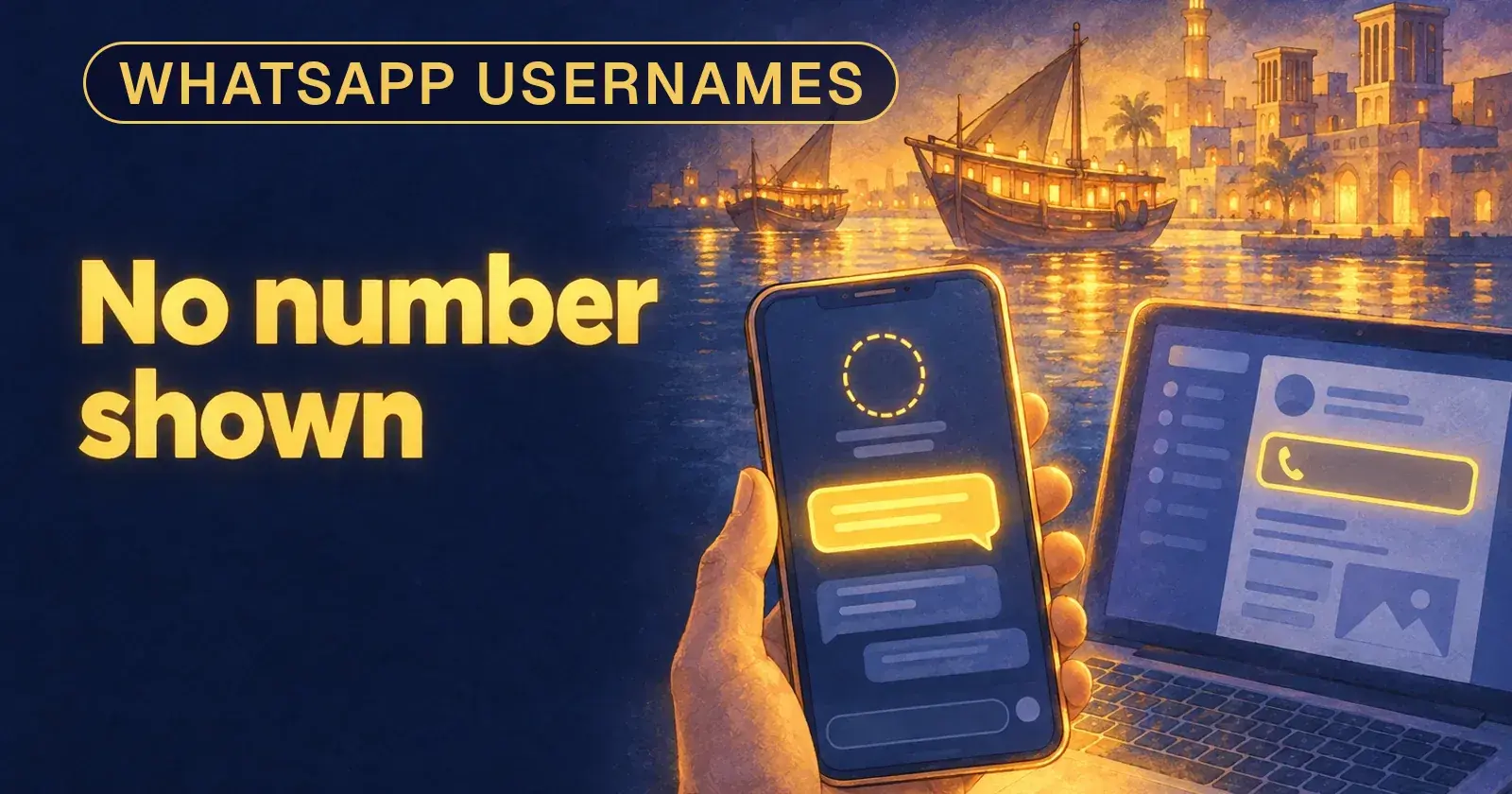 Cover lettered "WhatsApp usernames, No number shown": a phone chat with a dotted outline where the number goes