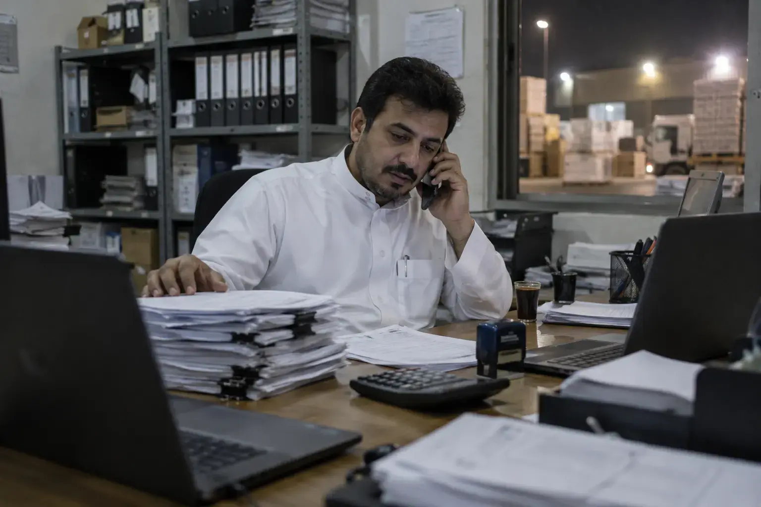 An accountant in a white thobe on the phone at a desk with two laptops, a tall stack of printed invoices with bulldog clips, a calculator and a stamp, warehouse trucks through the window at night.