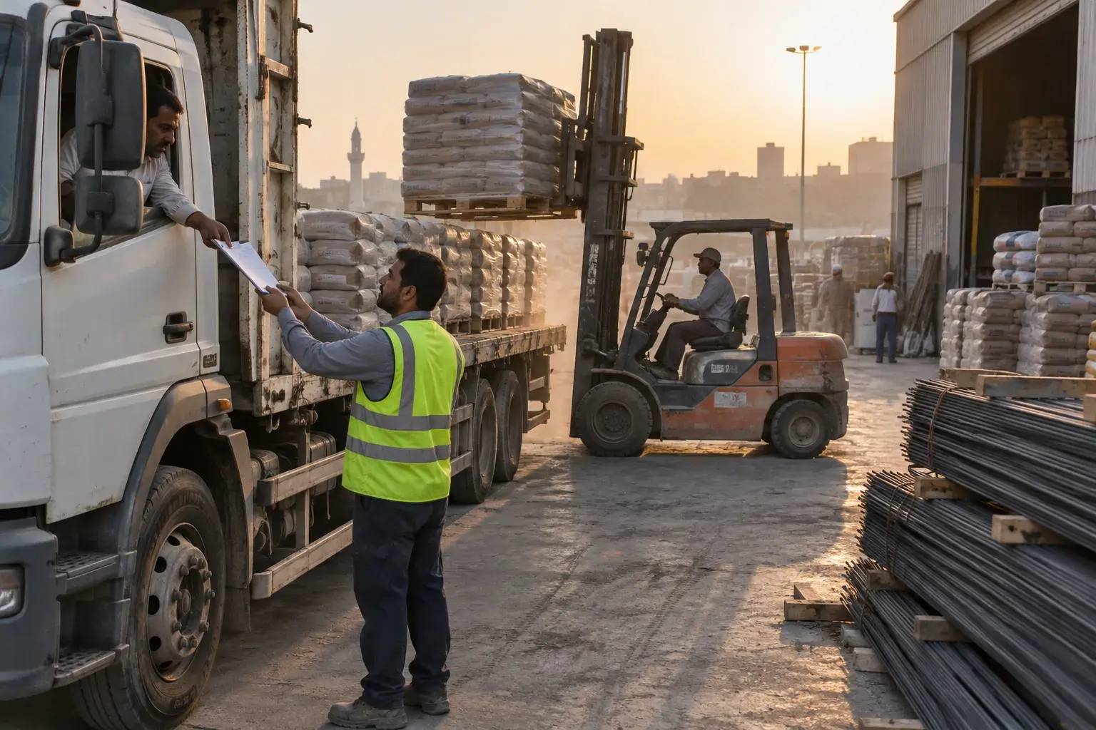 A storekeeper in a hi-vis vest hands a delivery note to a truck driver at a Dammam building materials warehouse while a forklift loads cement bags.