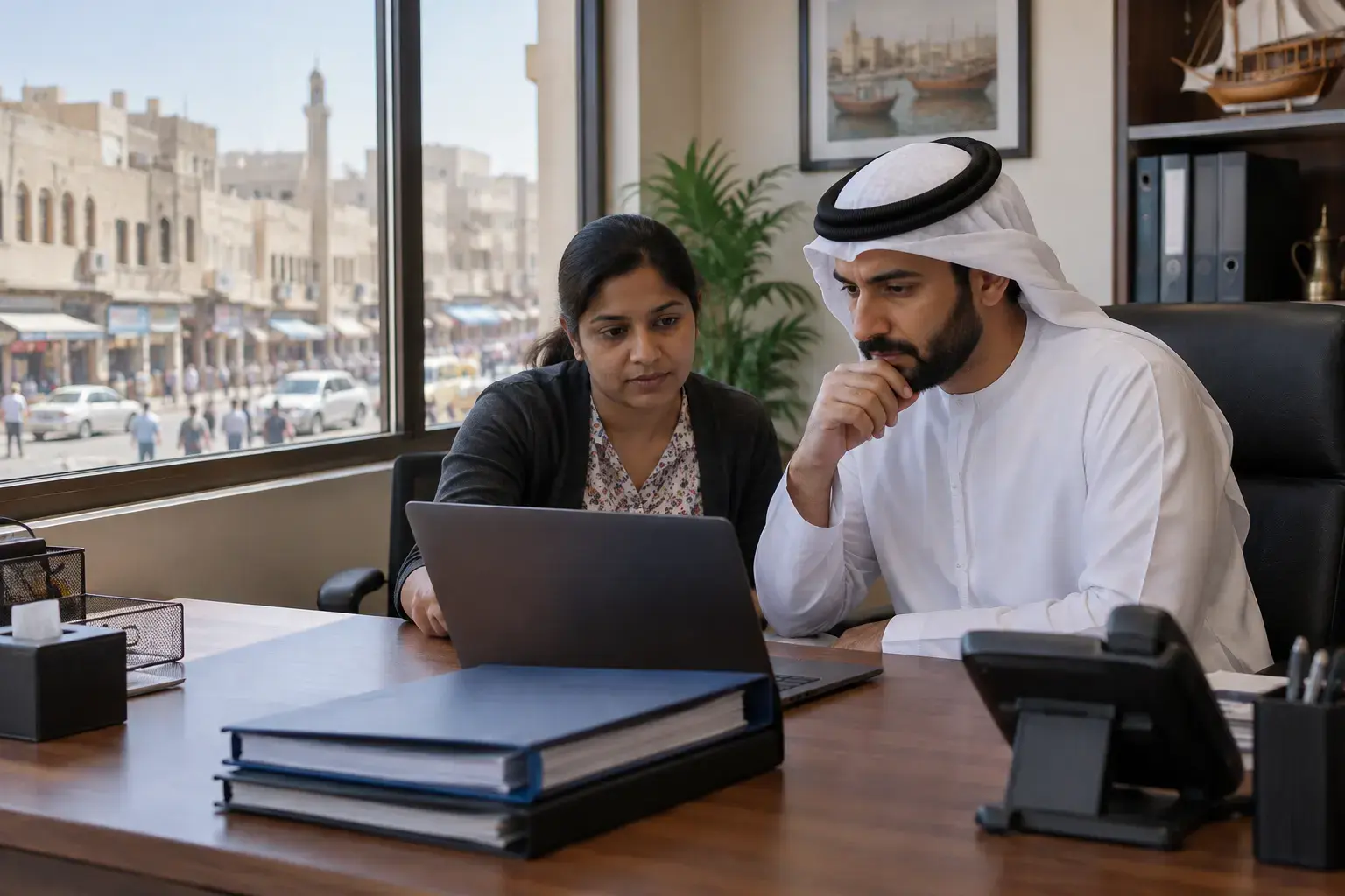 An Emirati owner in a kandura and his finance manager look at a laptop at a desk in a small office above the shops of Deira, Dubai.