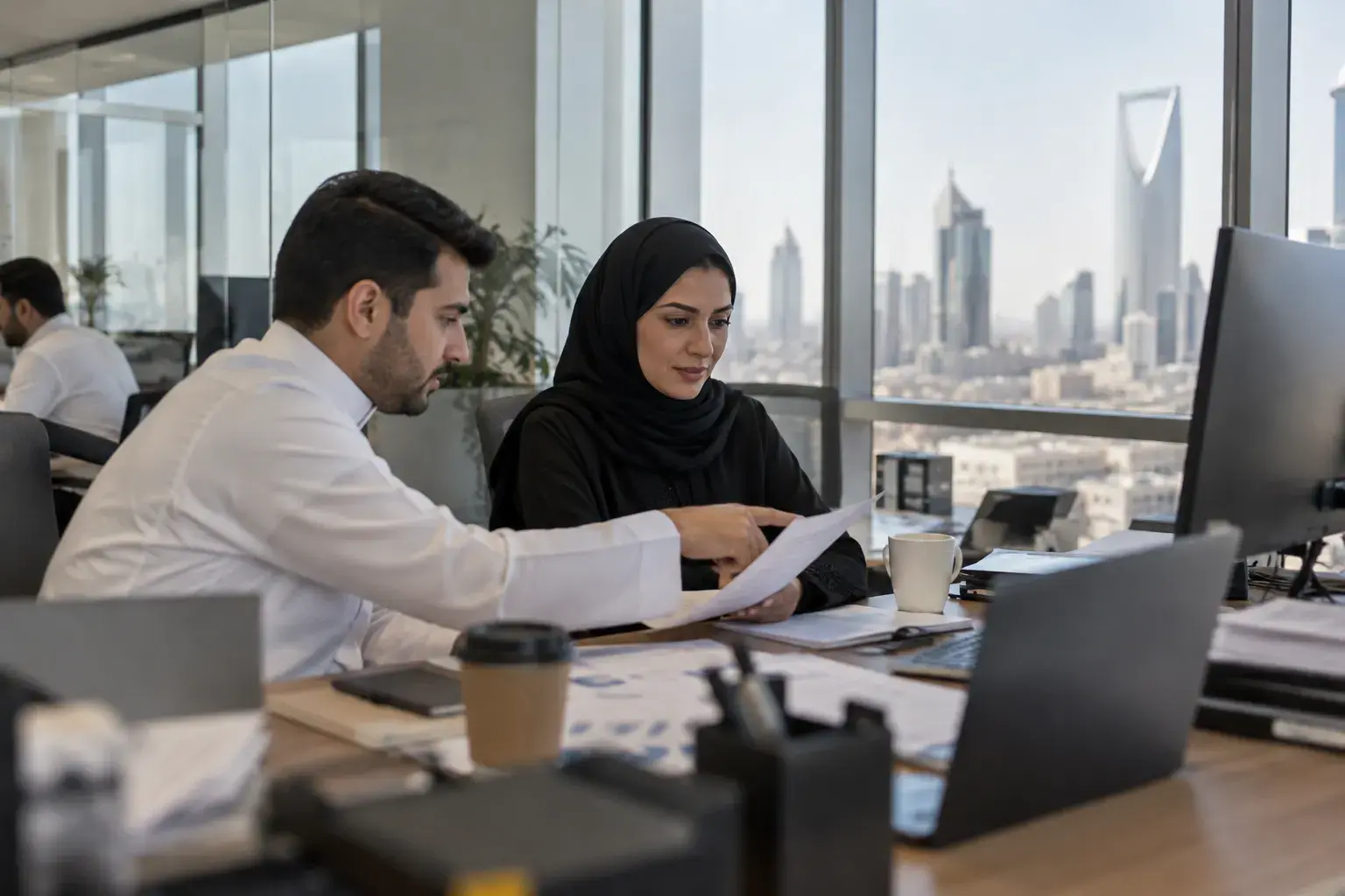 A finance manager in a black abaya and hijab reviews a report with a young accountant pointing at a printed page in an office tower on Olaya Street, the Riyadh skyline through the windows.