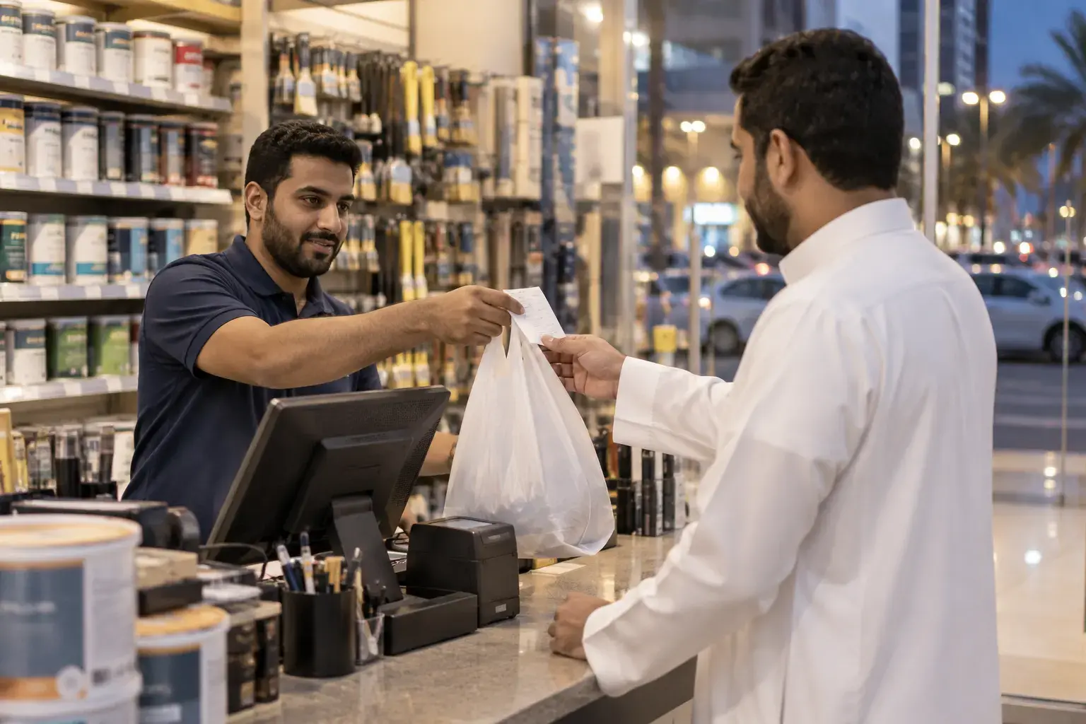 A cashier at a Jeddah paint and hardware shop hands a printed receipt and a bag to a customer in a white thobe across the counter.