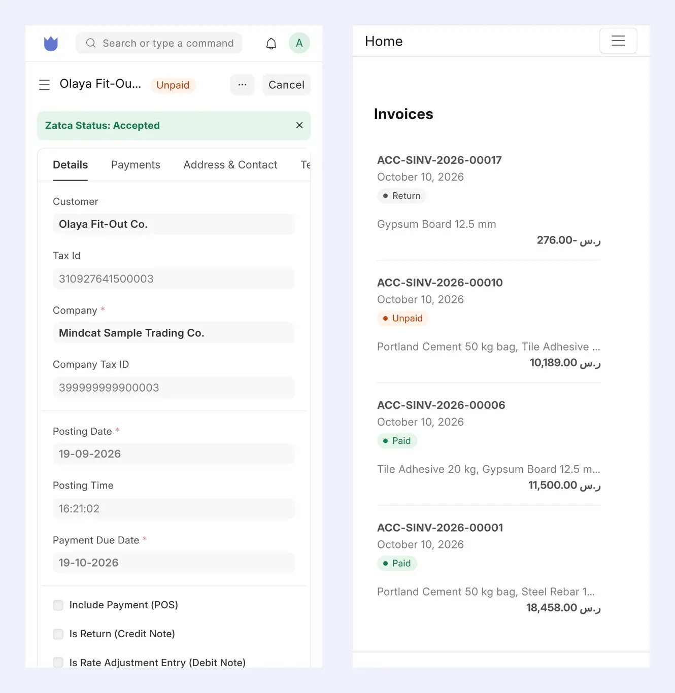 Two phone screens of Mindcat Accounts: a sales invoice with ZATCA status accepted, and the customer portal list of invoices for a contractor, paid, unpaid and a return.