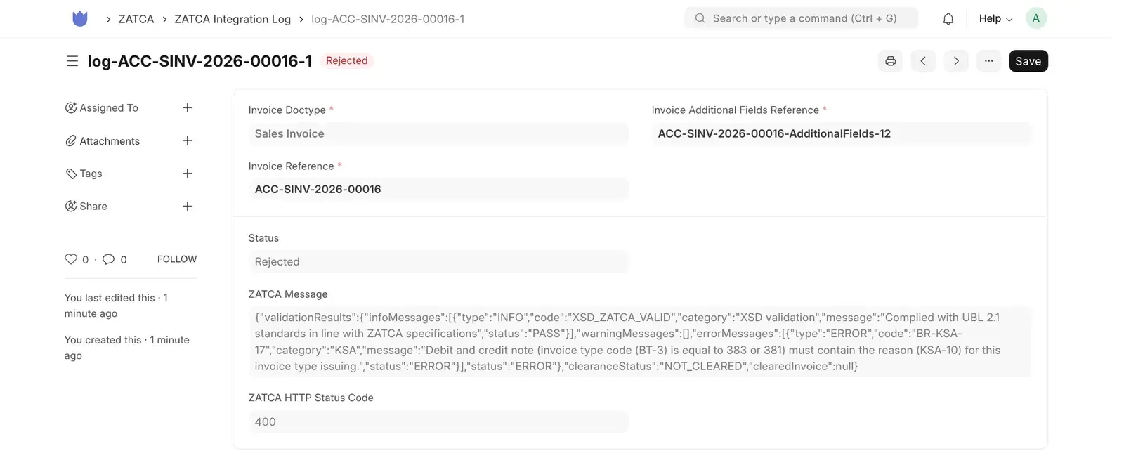 Mindcat Accounts ZATCA Integration Log record for a credit note: status Rejected, HTTP 400, and ZATCA’s message that debit and credit notes must contain the reason for issuing them.