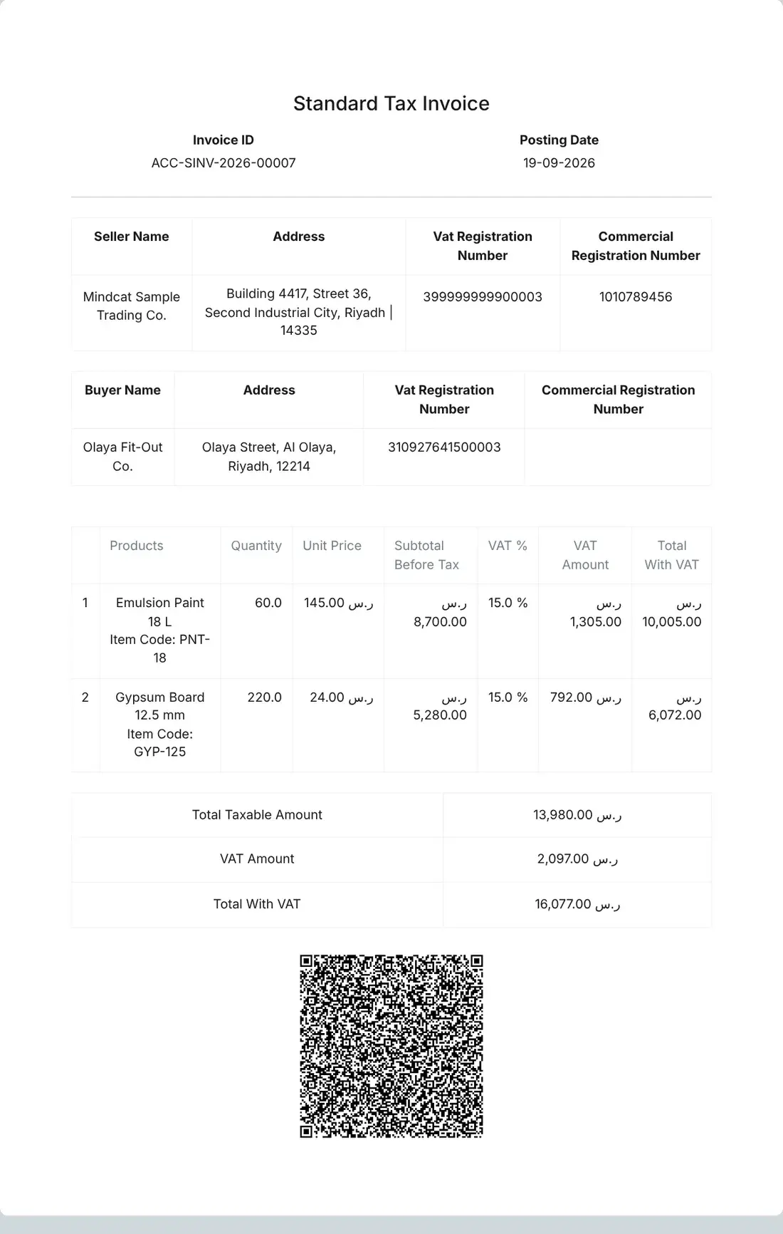 Mindcat Accounts standard tax invoice: seller Mindcat Sample Trading Co. in Riyadh’s Second Industrial City, buyer Olaya Fit-Out Co. on Olaya Street, two lines of emulsion paint and gypsum board with VAT, totals in SAR and the ZATCA QR code.