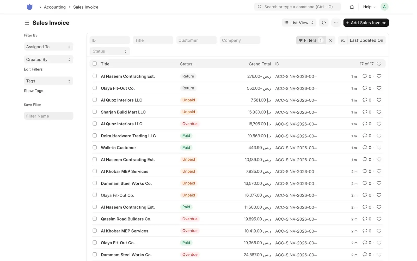 Mindcat Accounts sales invoice list mixing Saudi customers in SAR, such as Dammam Steel Works Co. and Olaya Fit-Out Co., with UAE customers in AED, such as Al Quoz Interiors LLC and Deira Hardware Trading LLC, each Paid, Unpaid, Overdue or Return.