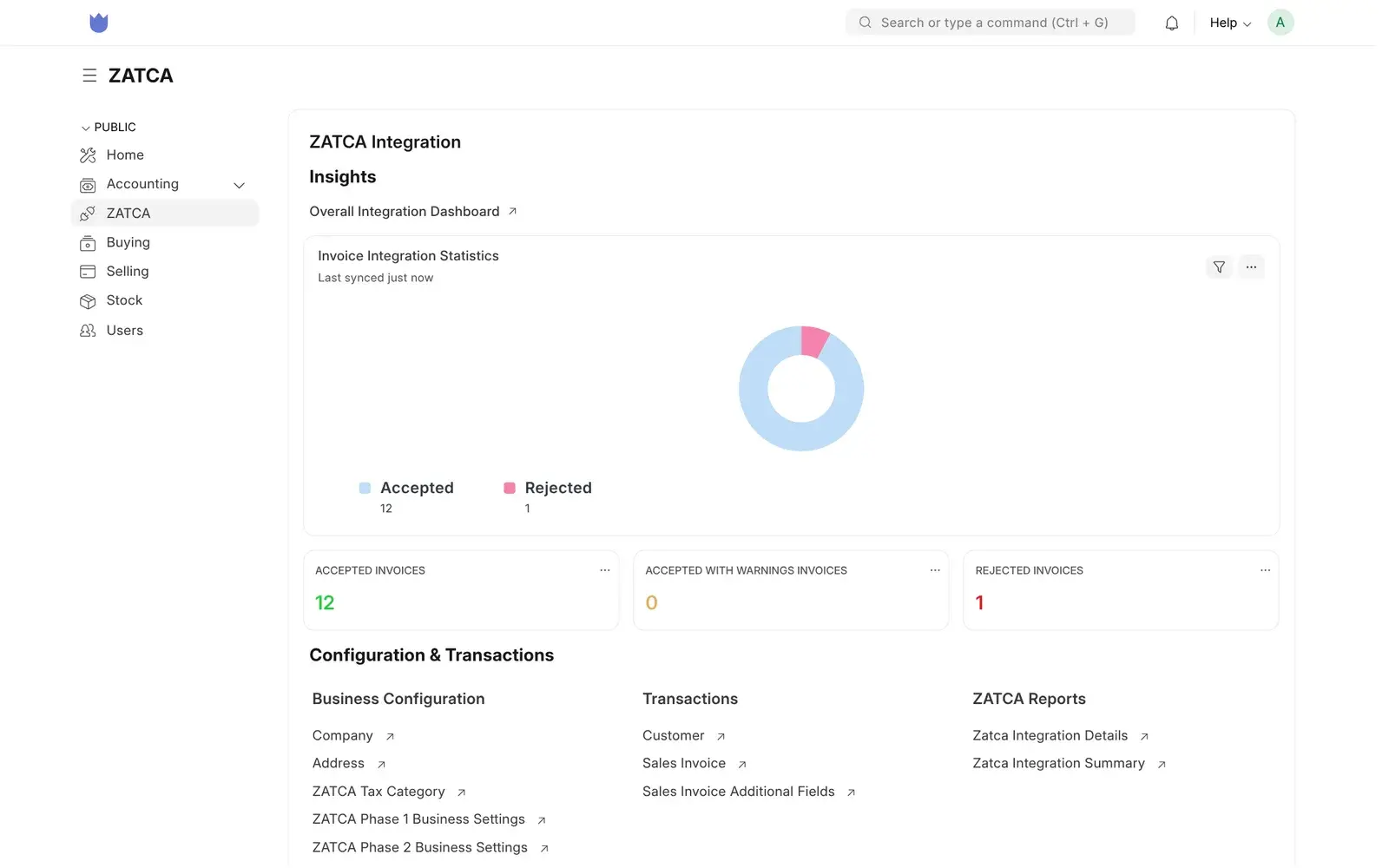 Mindcat Accounts ZATCA workspace: a chart of 12 accepted and 1 rejected invoices, counters for accepted, accepted with warnings and rejected invoices, and links to business settings, transactions and ZATCA reports.
