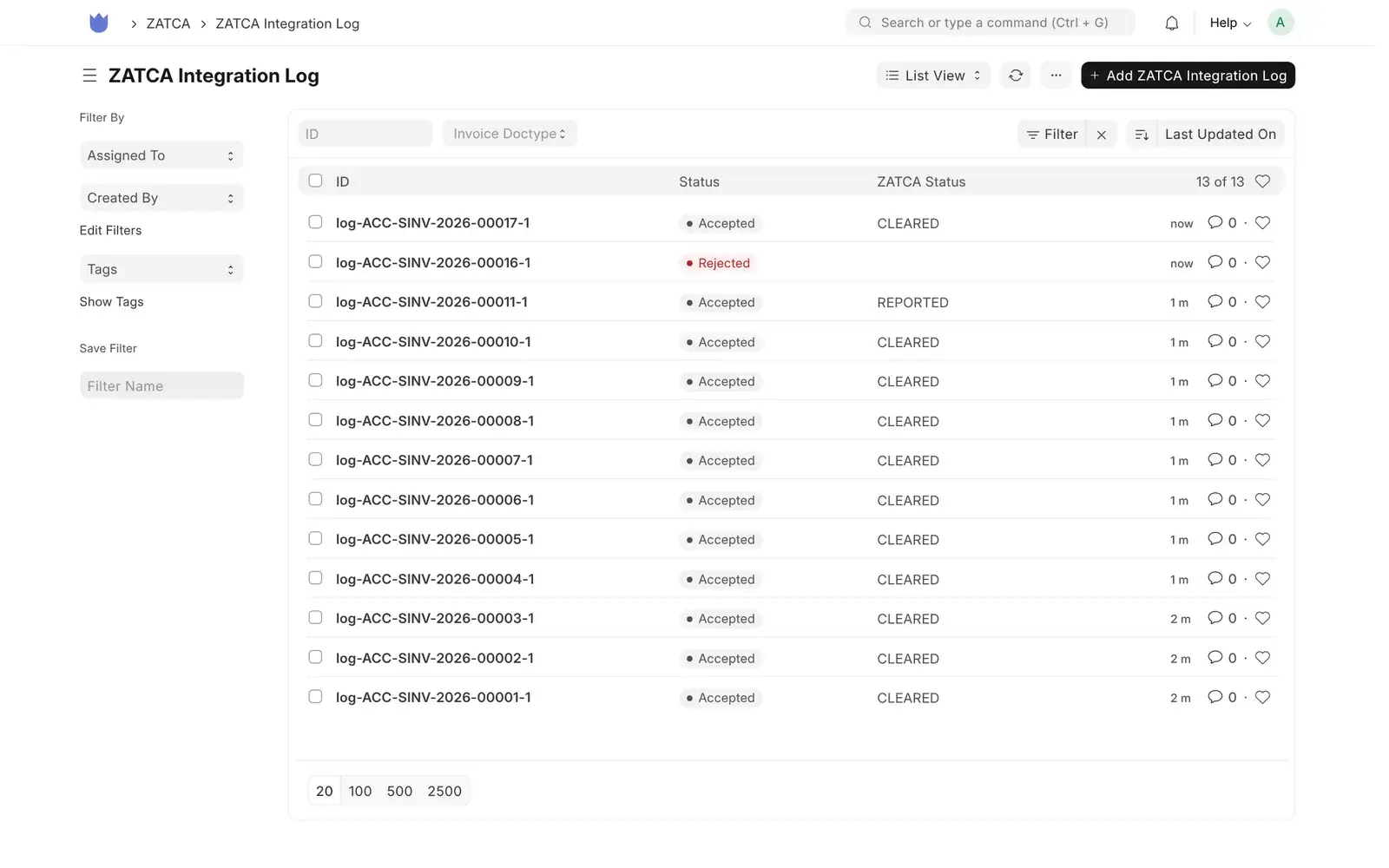 Mindcat Accounts accounting software with ZATCA: the ZATCA Integration Log with thirteen invoices, eleven accepted and CLEARED, one accepted and REPORTED, and one credit note Rejected.