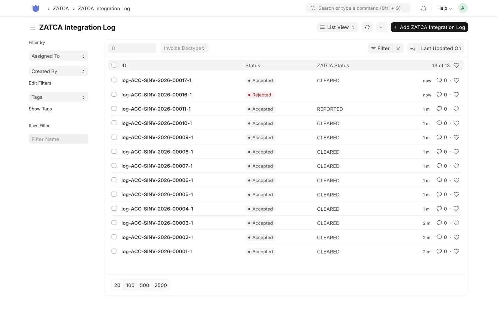 Mindcat Accounts ZATCA Integration Log: thirteen entries, eleven Accepted with ZATCA status CLEARED, one Accepted and REPORTED, one Rejected.
