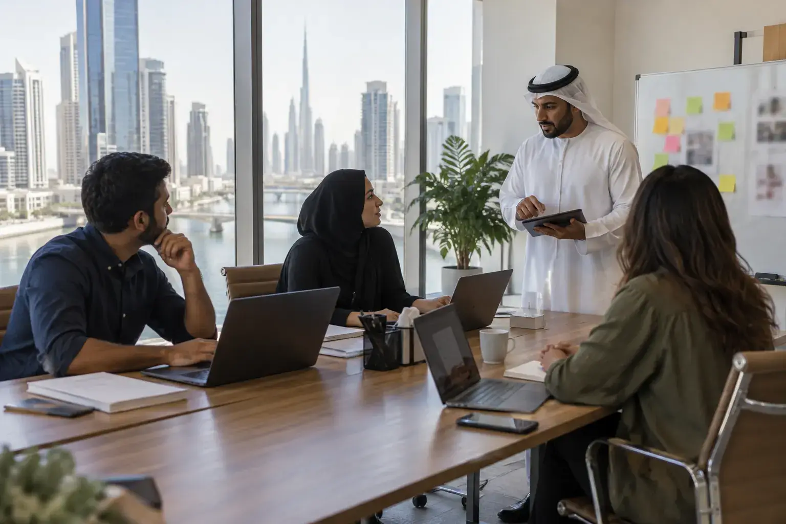 A digital agency team in Business Bay around a table with laptops turned away, one man in a kandura presenting from a tablet, the Dubai Canal and towers through the windows.