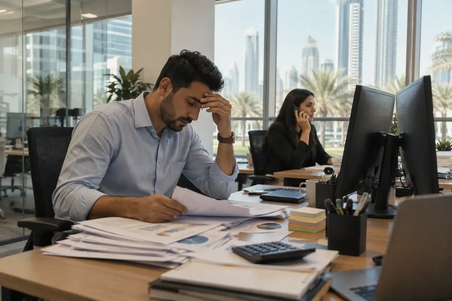 An agency account manager in Dubai Media City rubs his forehead over a stack of printed report pages and a calculator, two monitors angled away, a colleague on the phone behind him.