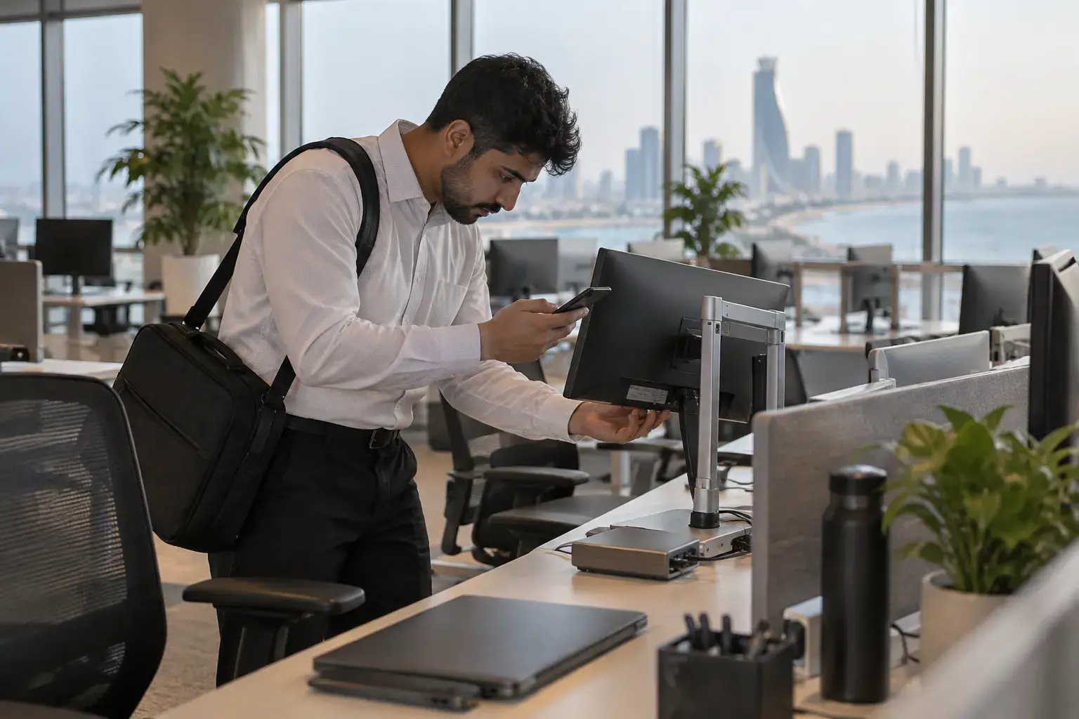 A young IT technician in an empty open-plan office in Al Khobar scans the label under a monitor with his phone, a laptop bag over his shoulder, the corniche behind the windows.