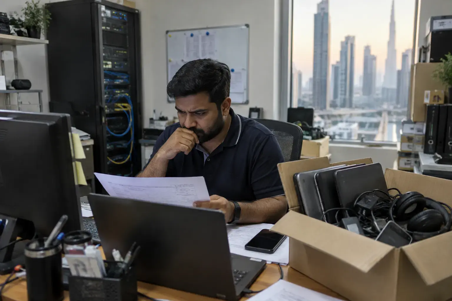 An IT officer in a Business Bay office frowns at a printed spreadsheet beside a cardboard box of returned laptops, chargers and a headset, a server rack behind him.
