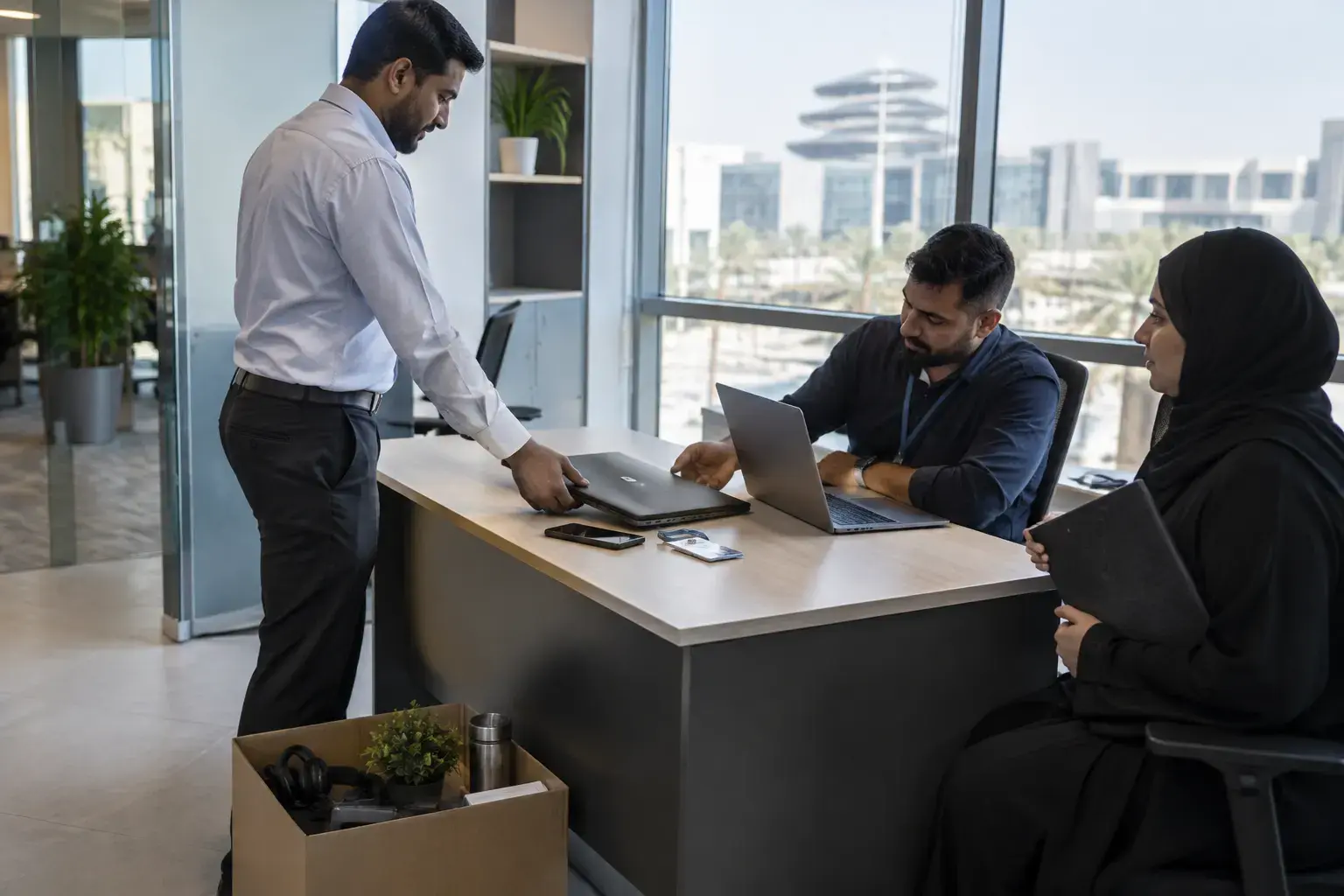 A departing employee puts a laptop, a phone and an access card on an IT officer’s desk in a Dubai office, while an HR officer in a hijab waits with a folder and a box of personal items sits on the floor.