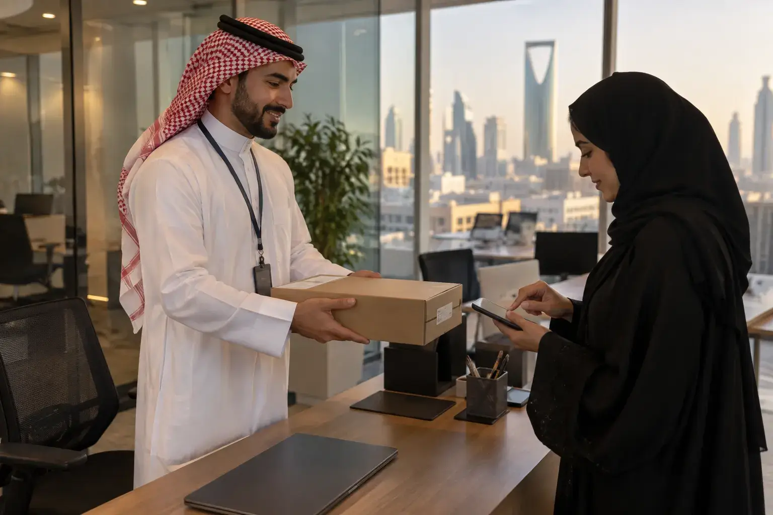 An IT support engineer in a thobe and shemagh hands a boxed laptop to a new employee in an abaya at a Riyadh office, while she signs on her phone.