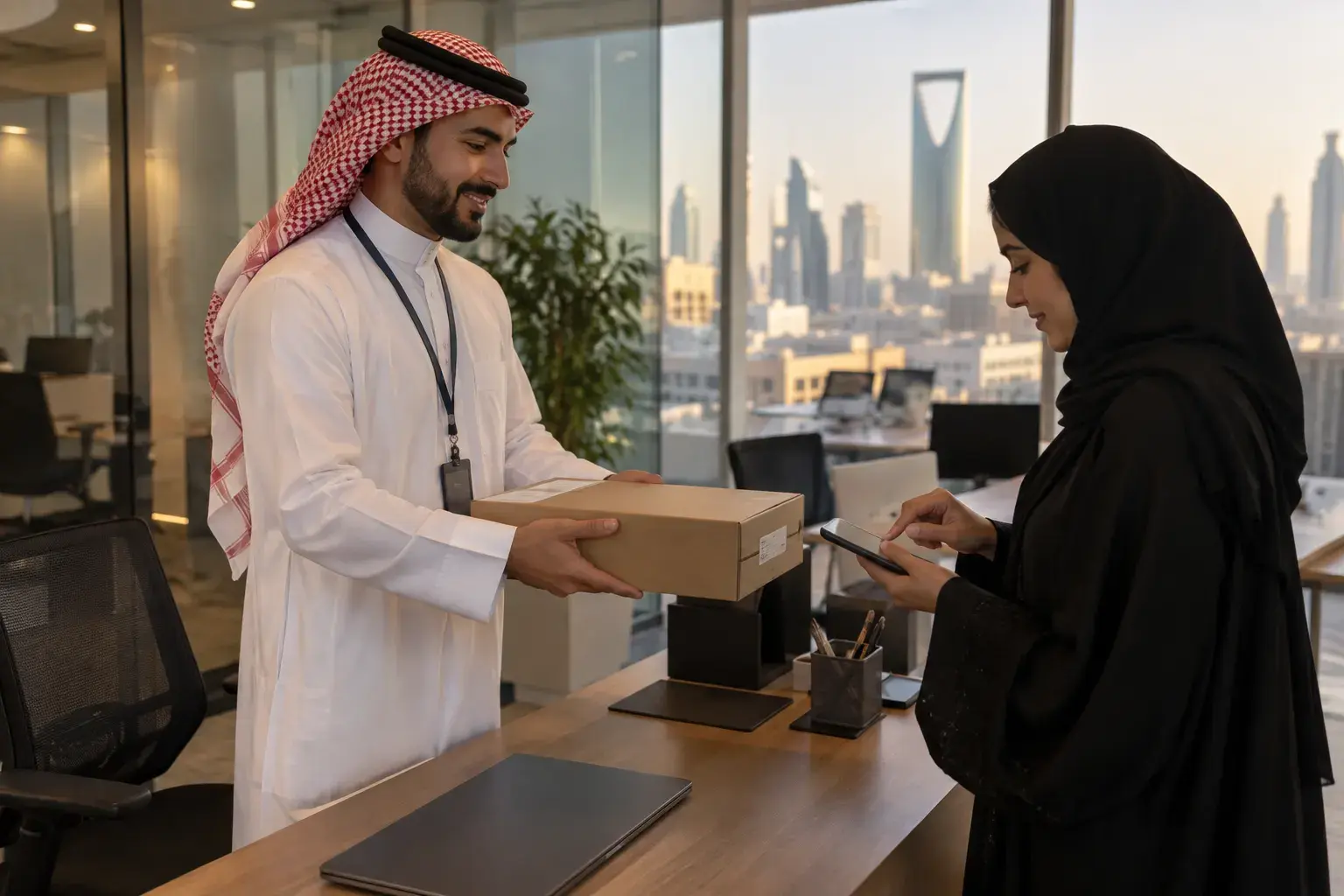An IT support engineer in a thobe hands a boxed laptop across a desk to a new employee in an abaya, who signs on her phone, with the Riyadh skyline behind them.