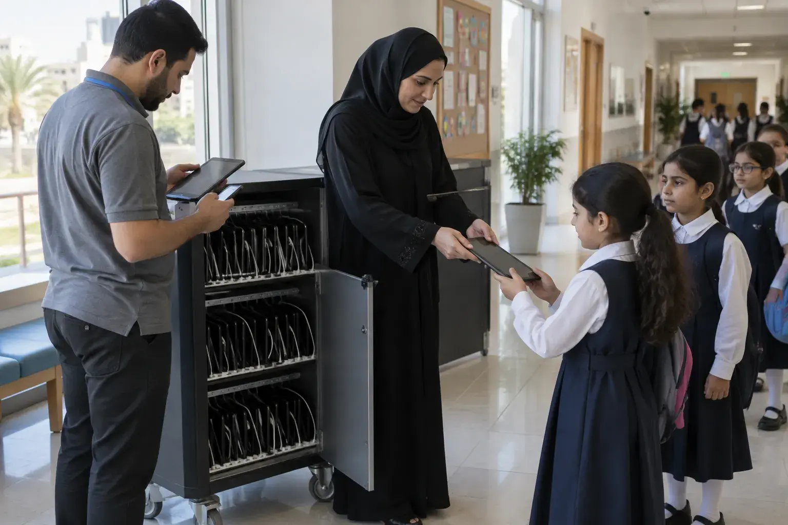 A teacher in a hijab hands a tablet from a charging trolley to a schoolgirl in uniform in a Riyadh school corridor, while a school IT technician checks another tablet against his phone.