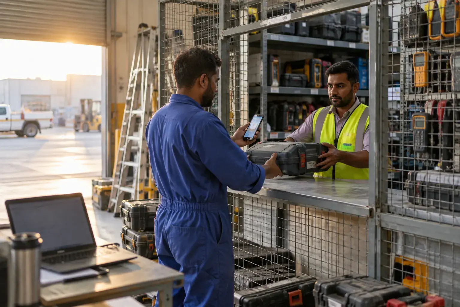 A storekeeper in a hi-vis vest hands a hard tool case through the hatch of a wire-mesh tool store in Al Quoz to a technician in blue coveralls holding his phone.