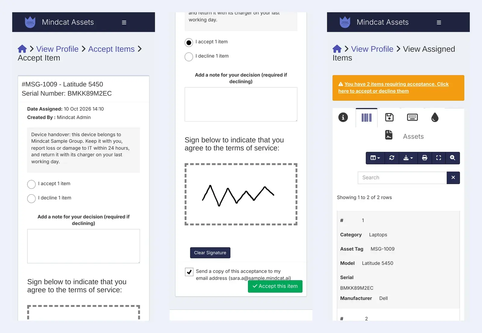 Three phone screens of Mindcat Assets: the handover note for laptop MSG-1009 with accept and decline options, a finger signature in the signing box with an Accept this item button, and the employee’s list of assigned items with a reminder that two items need acceptance.