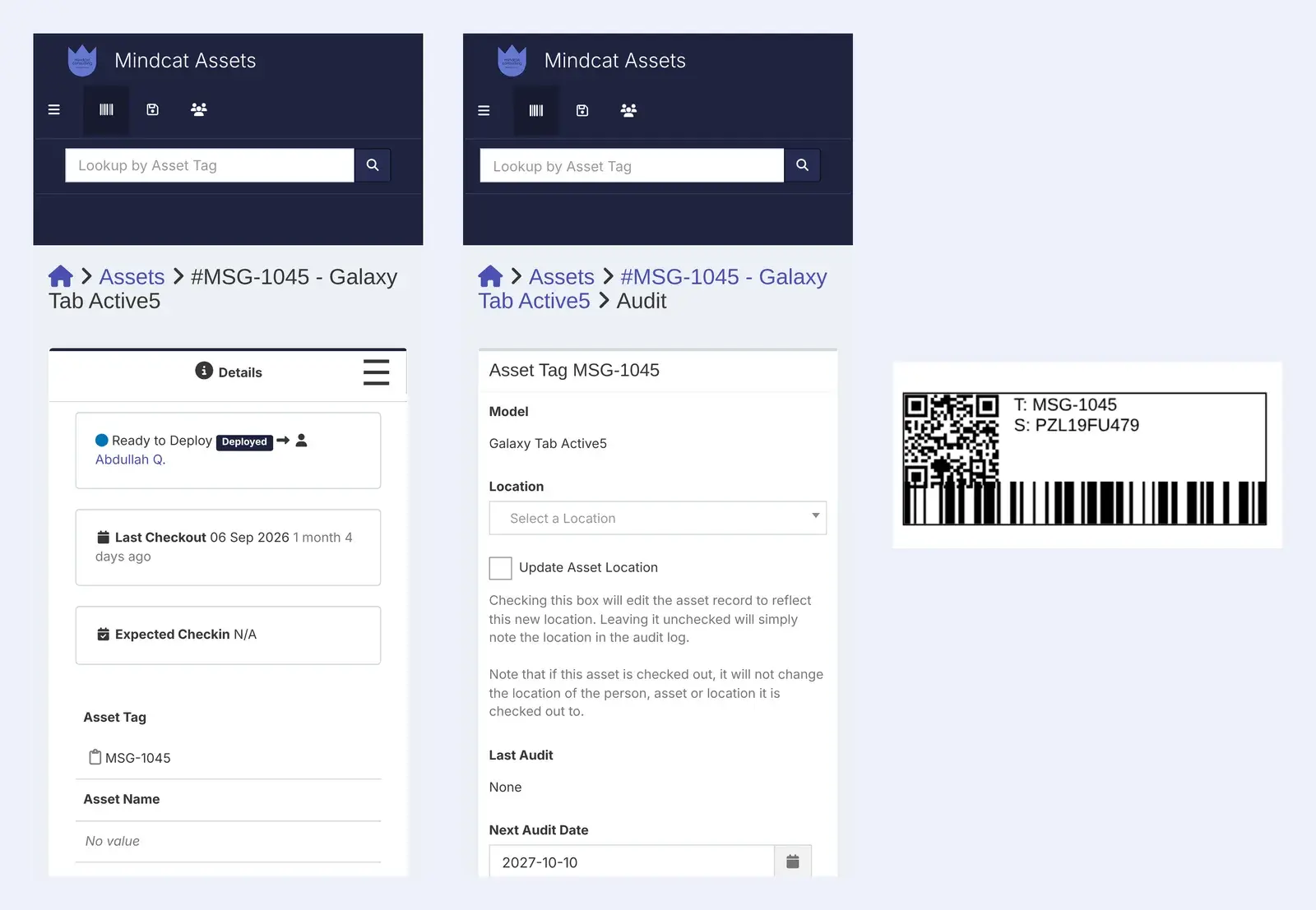 Two phone screens of Mindcat Assets for asset MSG-1045, a Galaxy Tab Active5 checked out to Abdullah Q., and its audit form with location and next audit date, beside the printed label with a QR code, barcode, tag and serial number.