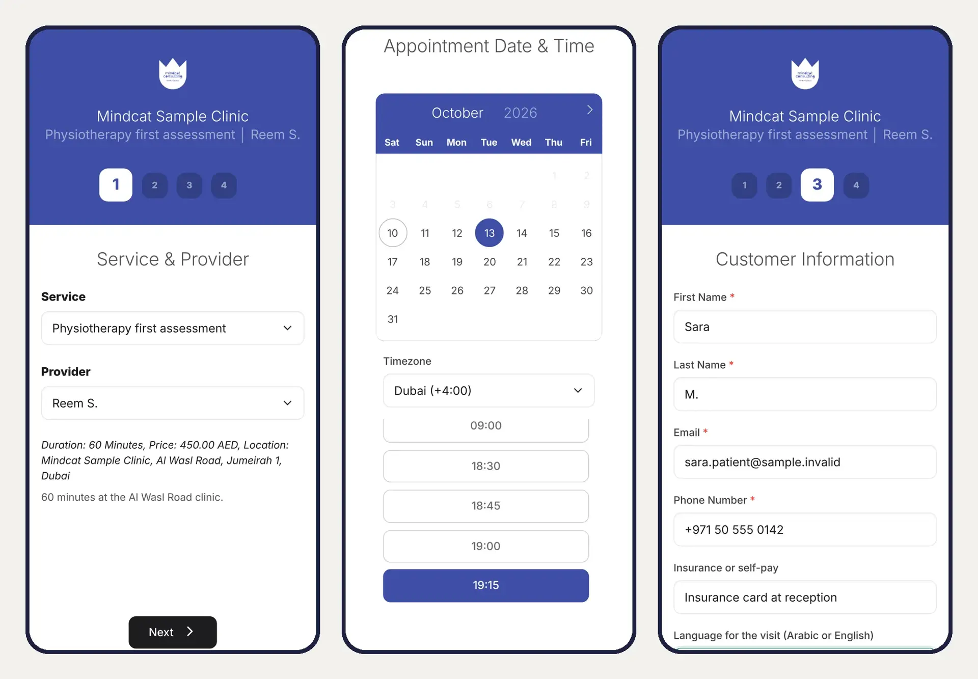 Three phone screens of the Mindcat Bookings booking page in English: choosing Physiotherapy first assessment with Reem S., choosing a free time, and entering the patient’s details with an insurance question.