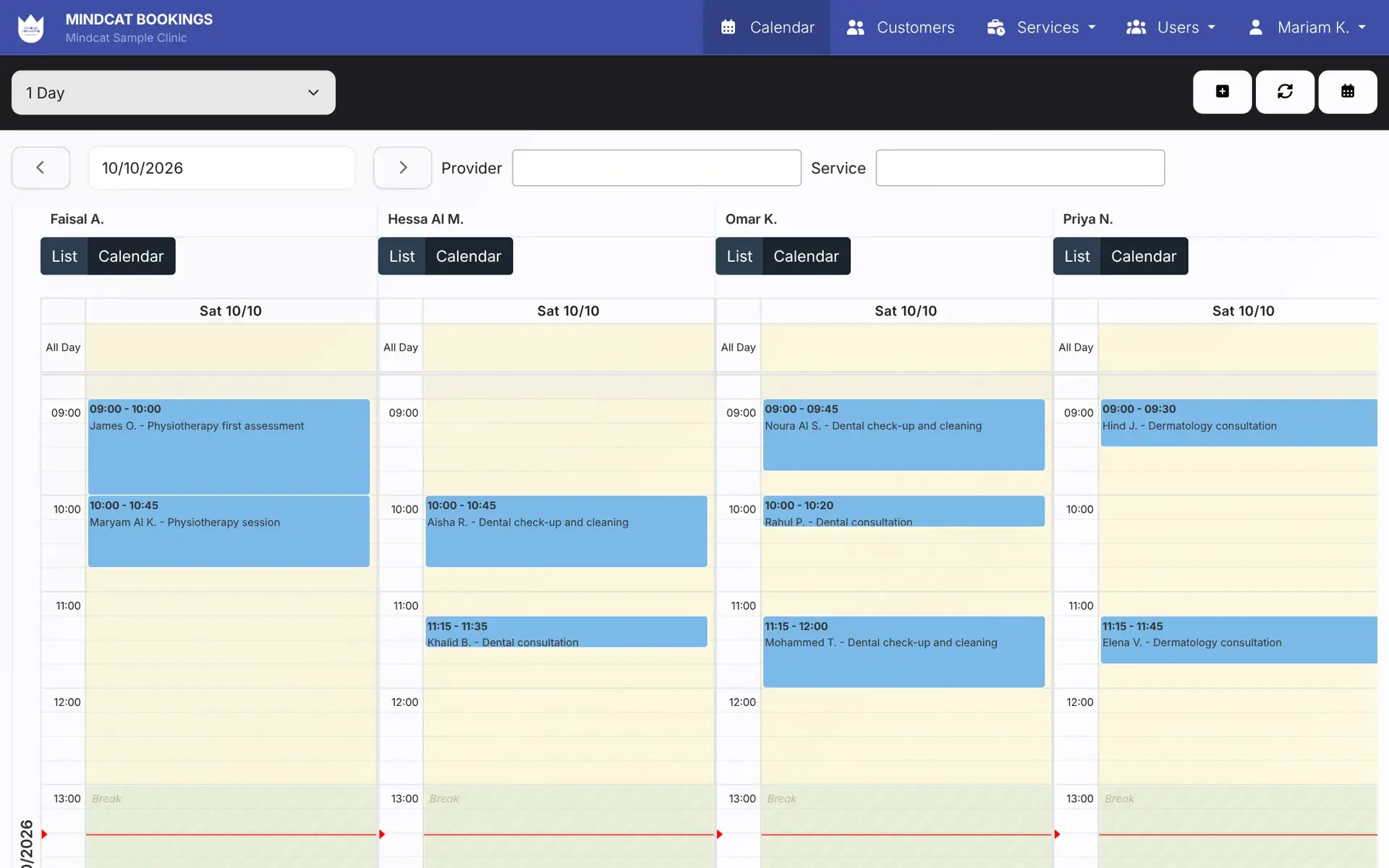 Clinic booking system day view in Mindcat Bookings: columns for four sample practitioners with dental, physiotherapy and dermatology visits on a Saturday and the 13:00 break.