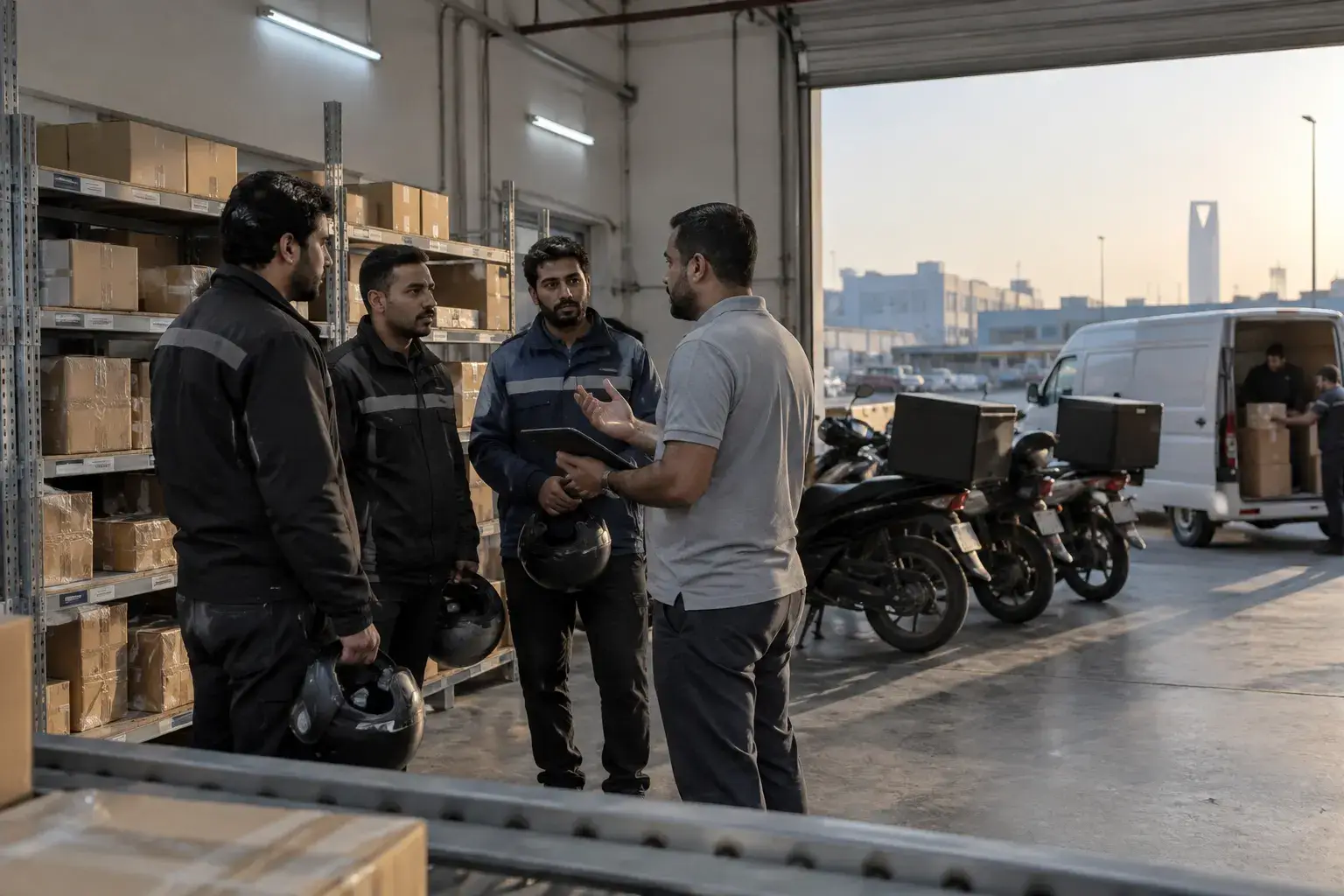 A supervisor at a Riyadh courier hub at dawn briefs three riders holding helmets, parcels sorted on racks behind them and motorbikes and a van at the open door.