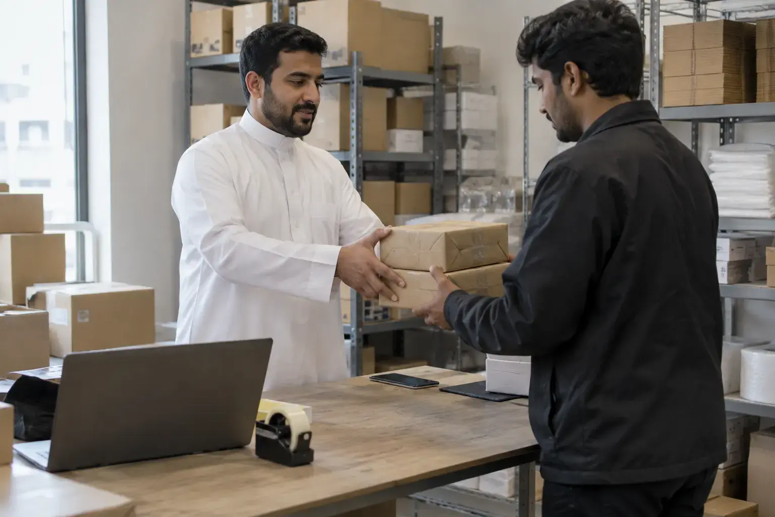 A store owner in a thobe hands two sealed parcels to a delivery rider across a packing table in a Jeddah stockroom.