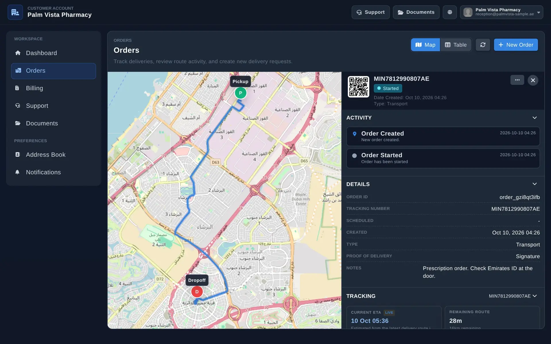 Merchant portal for a sample pharmacy: order list on the left, one started order on a map from Al Quoz to Jumeirah Village, with activity, signature proof of delivery and a live arrival time.