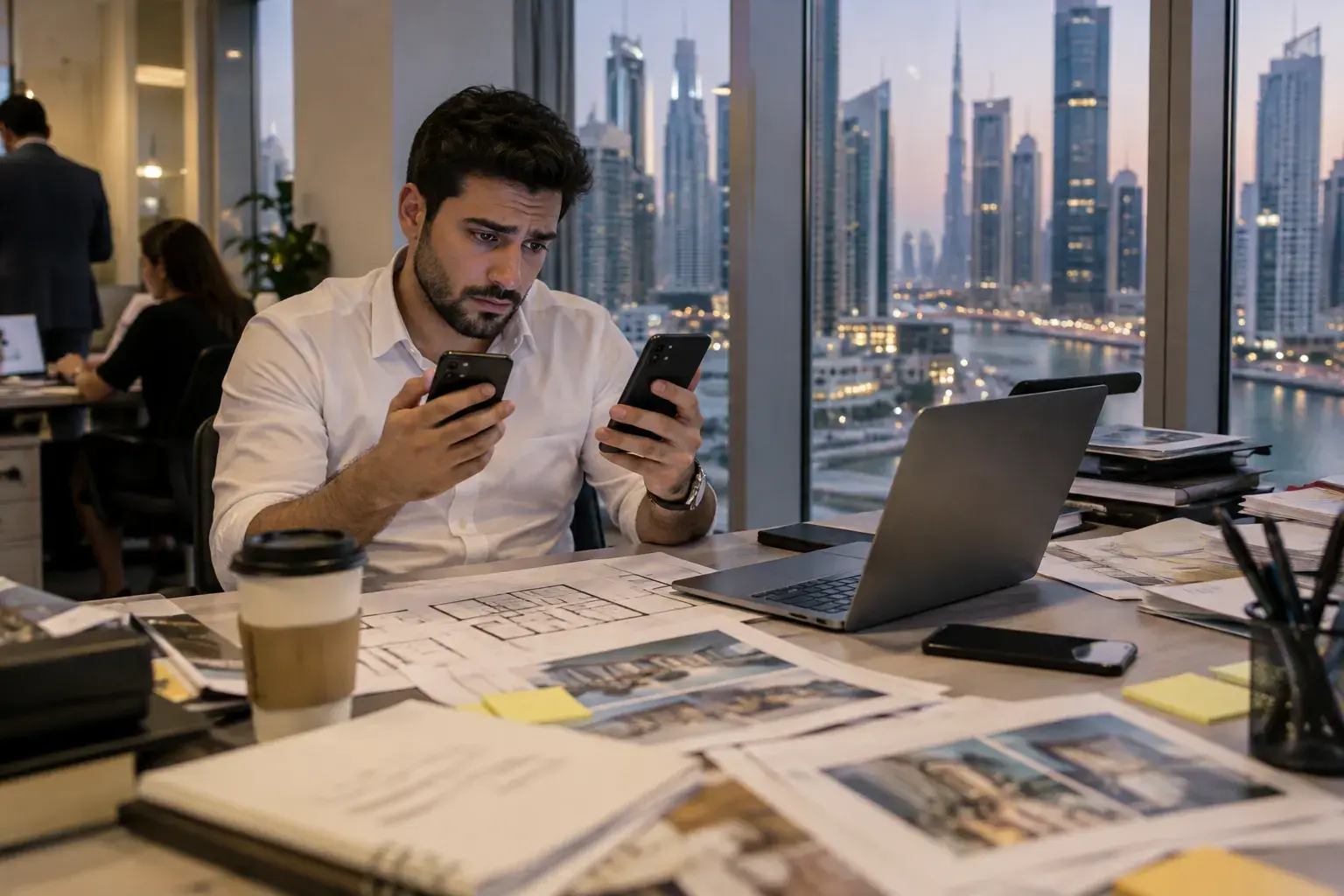 A tired broker in a Business Bay office at dusk holding two smartphones at once, a third phone face down beside his laptop, printed floor plans and sticky notes on the desk.