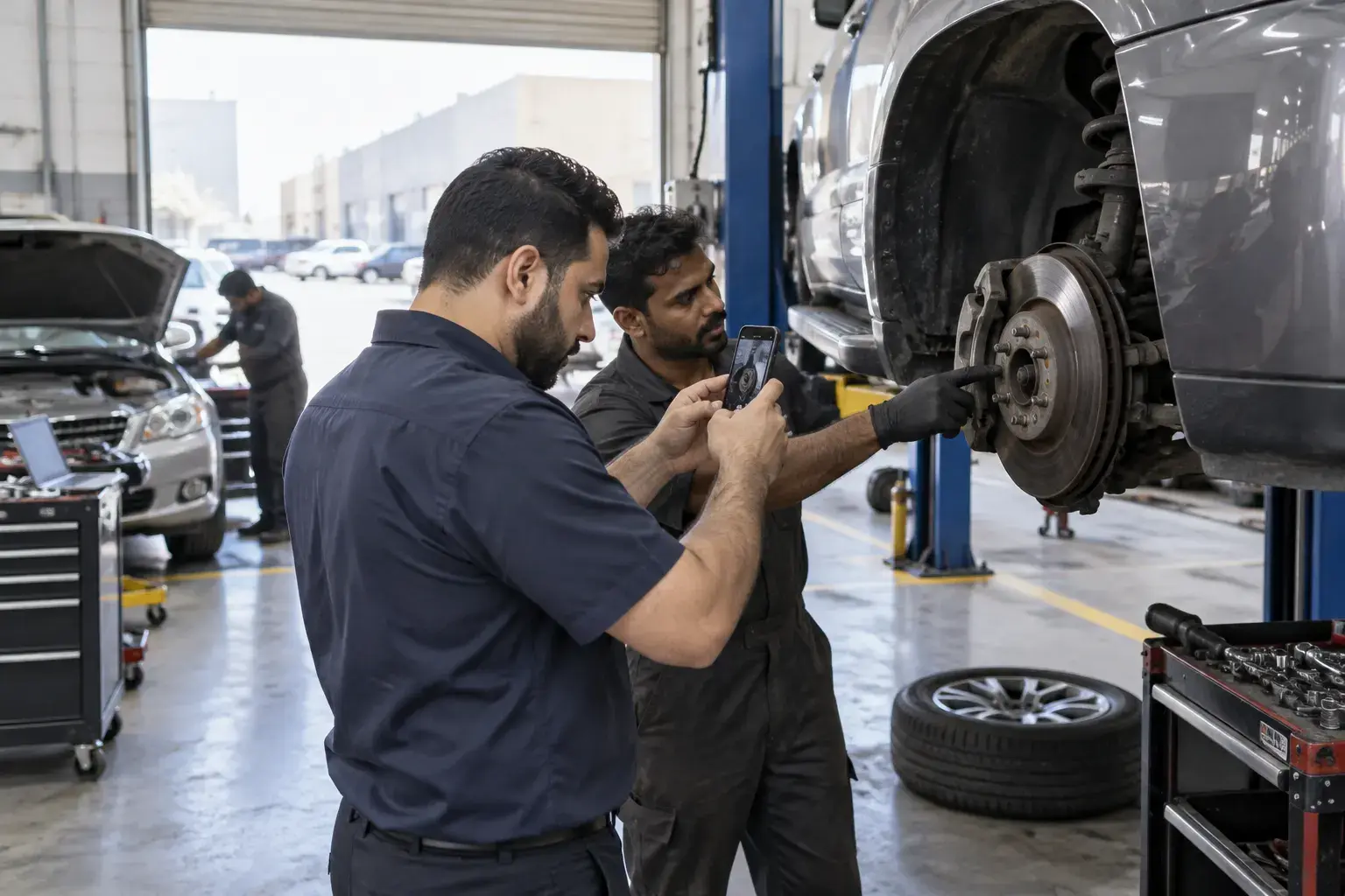 A service advisor in an Al Quoz car workshop photographs a worn brake disc on a lifted SUV with his phone while a mechanic points at it.