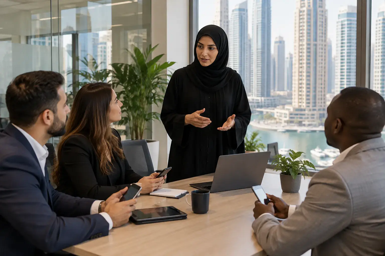 A sales manager in an abaya briefs three seated agents holding their phones in a JLT office, Dubai Marina towers through the window.