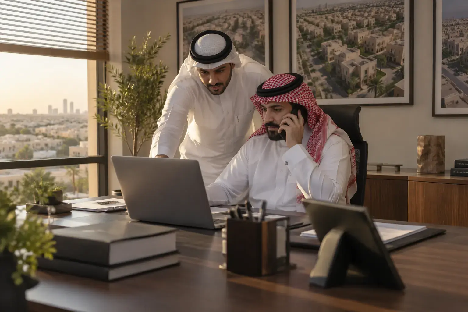 Two Saudi brokers in a north Riyadh office, one on the phone and one pointing at a laptop, framed aerial photos of villa compounds on the wall.