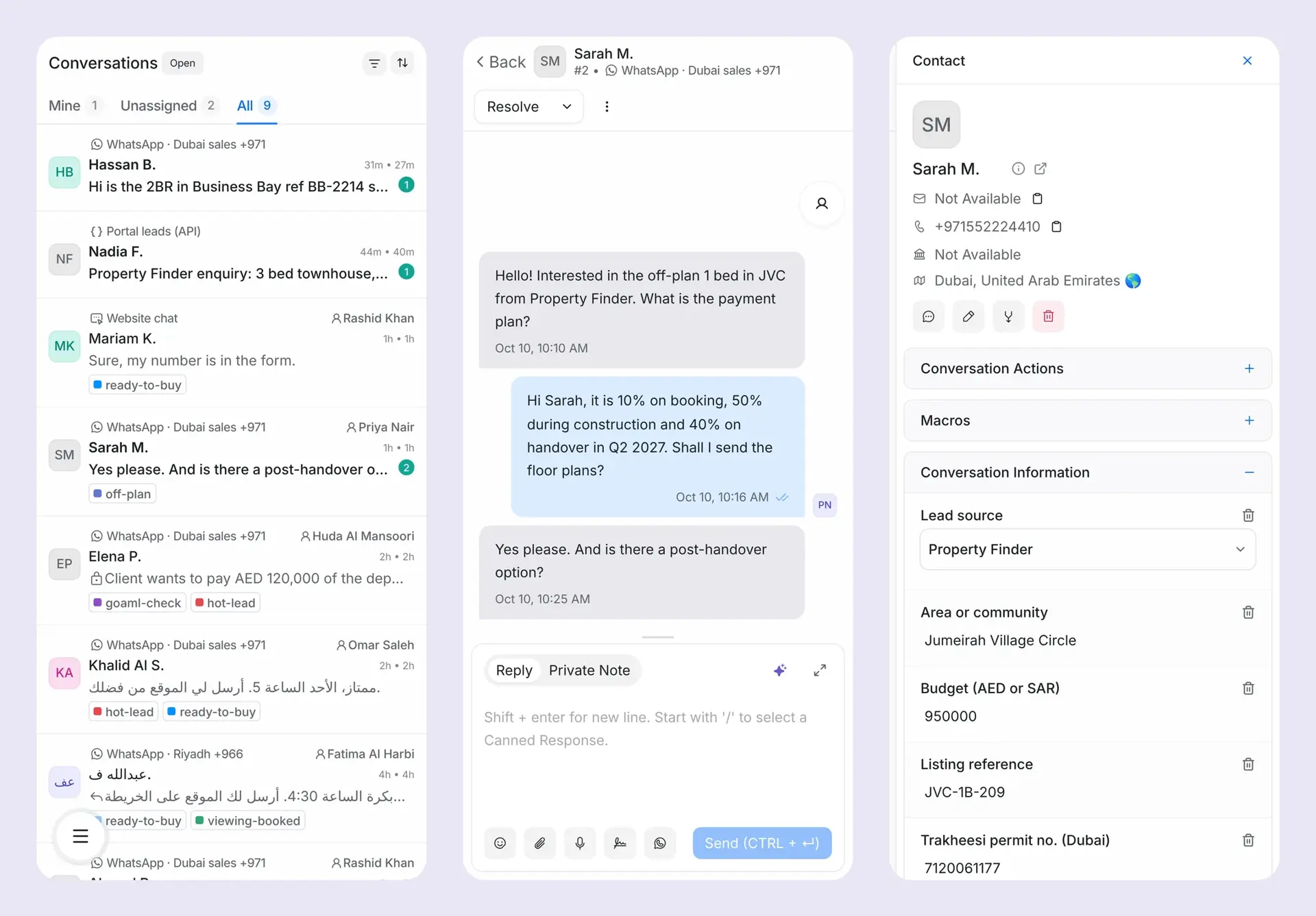 Three phone screens of Mindcat Inbox: the conversation list with WhatsApp leads, a conversation with Sarah M. about an off-plan 1-bed in JVC with the payment plan, and her lead panel with Property Finder, Jumeirah Village Circle, budget and Trakheesi permit.