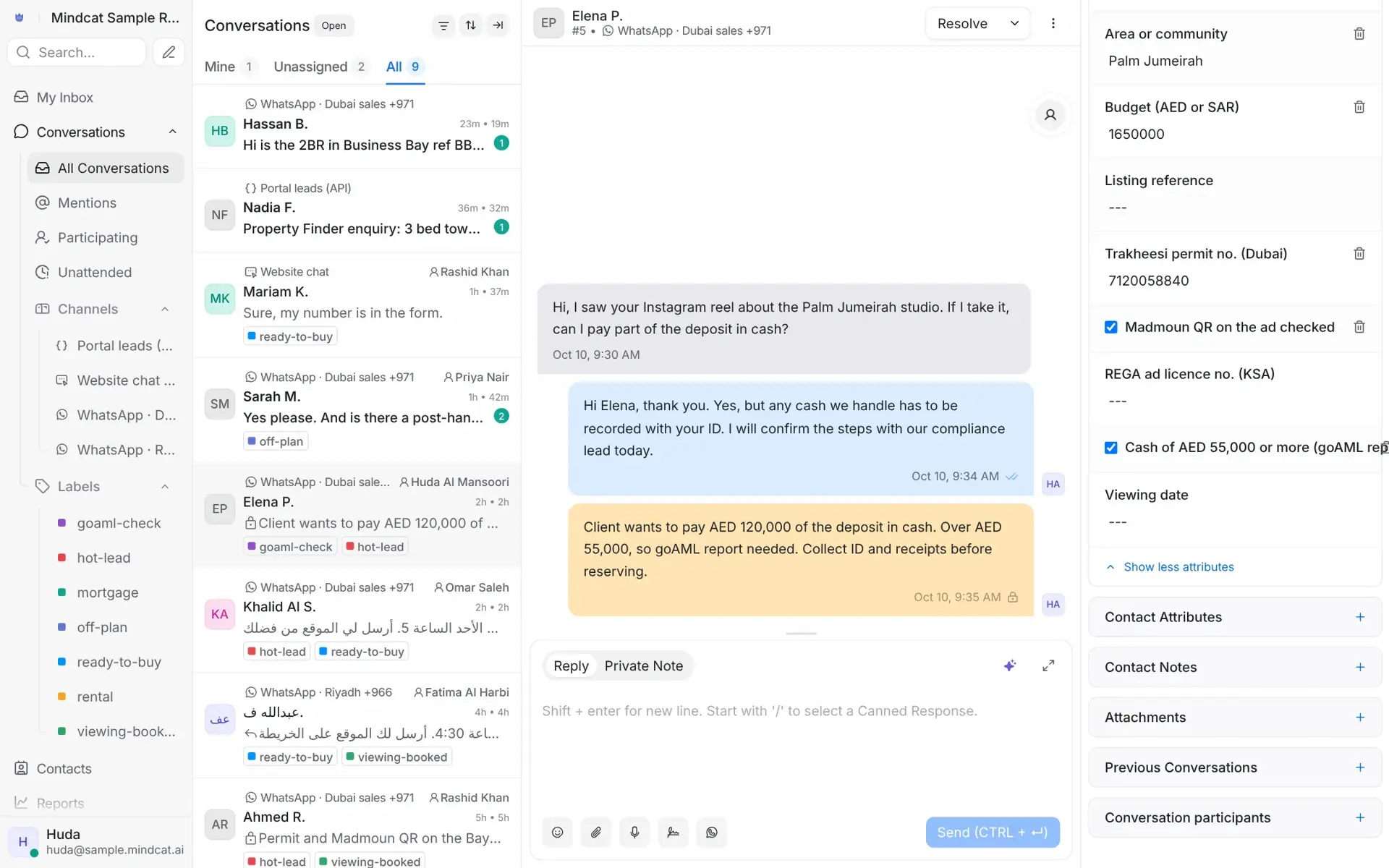 A WhatsApp conversation with Elena P. about a Palm Jumeirah villa, a private note that the client wants to pay AED 120,000 of the deposit in cash, and the lead panel with Trakheesi permit, Madmoun QR checked, REGA ad licence and the cash flag for goAML.